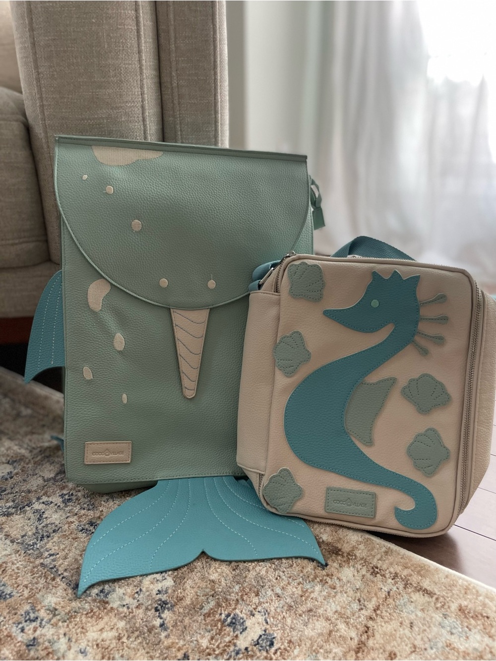 Kids Mermaid Backpack and Seahorse Lunch Bag Set - Seafoam & Cream